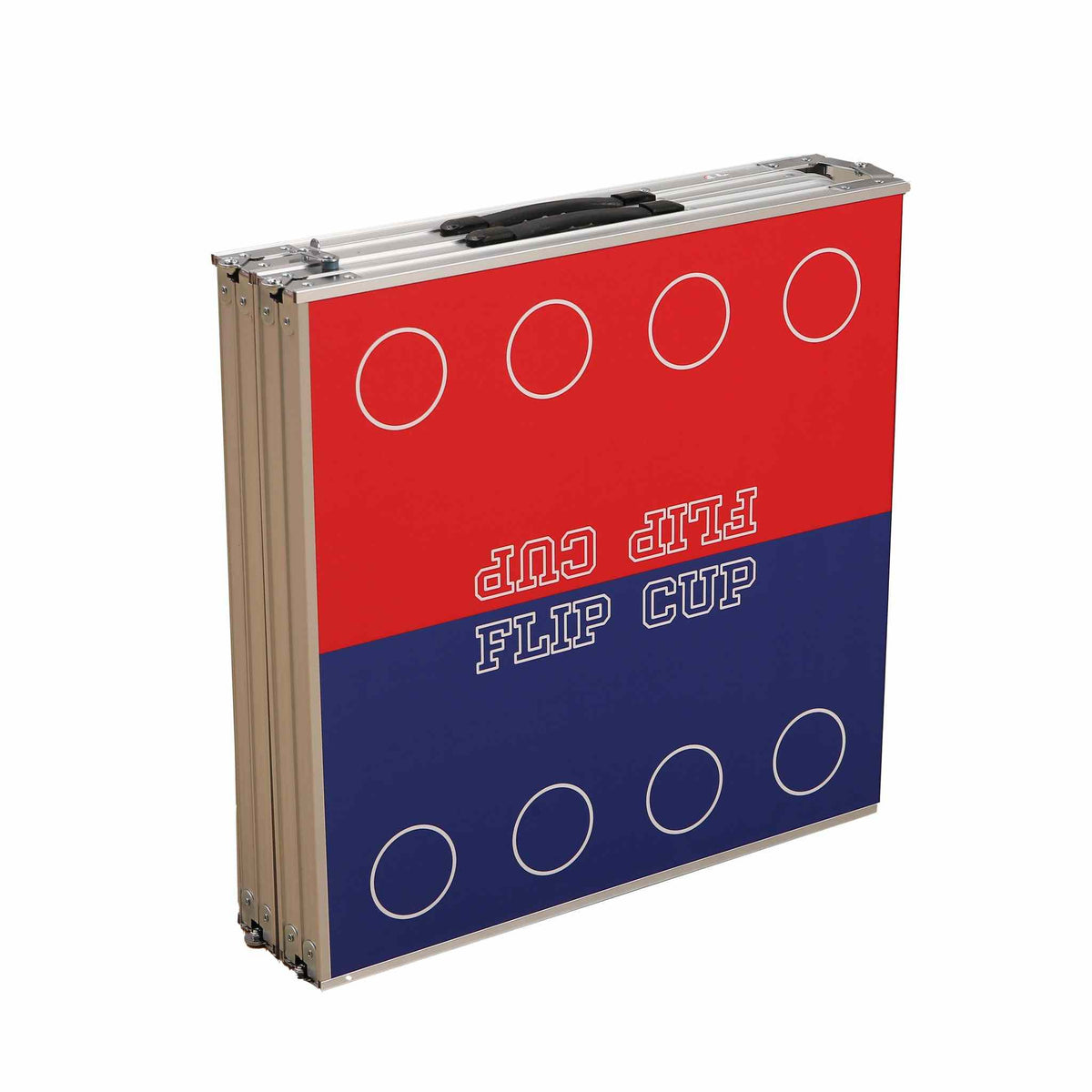 Foldable beer pong table with flip cup setup, official dimensions, waterproof PU surface.