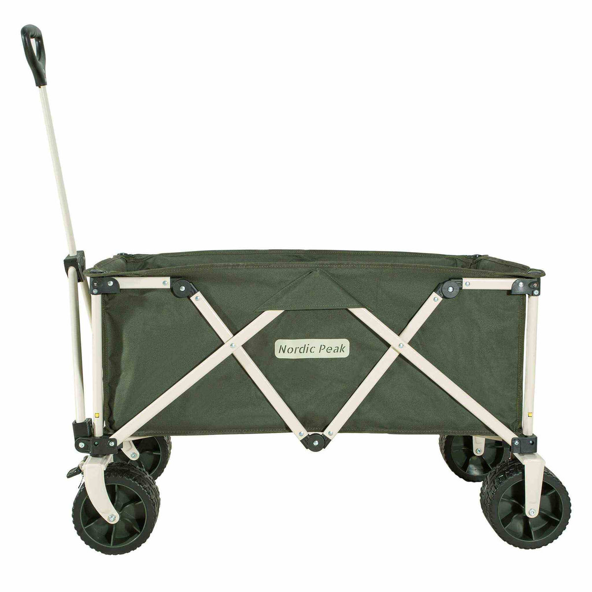 Foldbar premium trækvogn med grøn ramme, robust hjuldesign, og let transportkapacitet op til 120 kg, ideel til festivaler.
