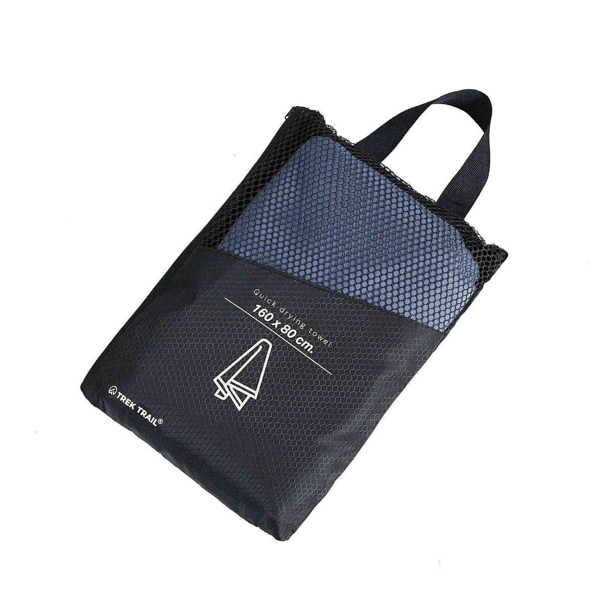 Quick-dry microfiber towel in compact black pouch, 160 x 80 cm.
