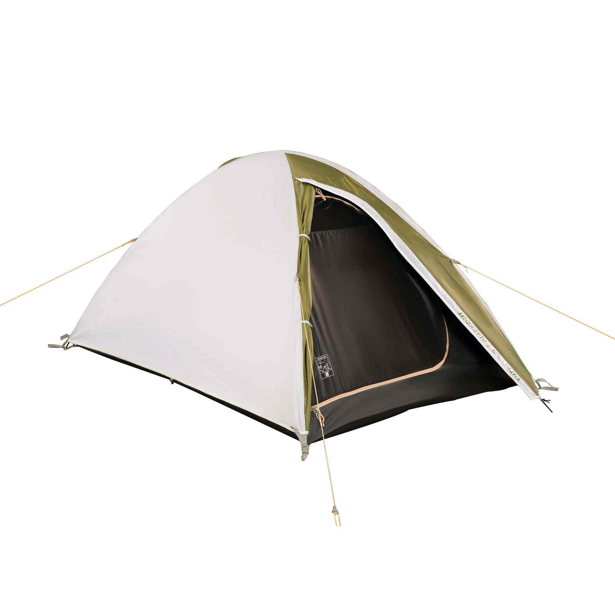 2-person blackout tent, waterproof design, olive and white color, durable zippers, ventilation.