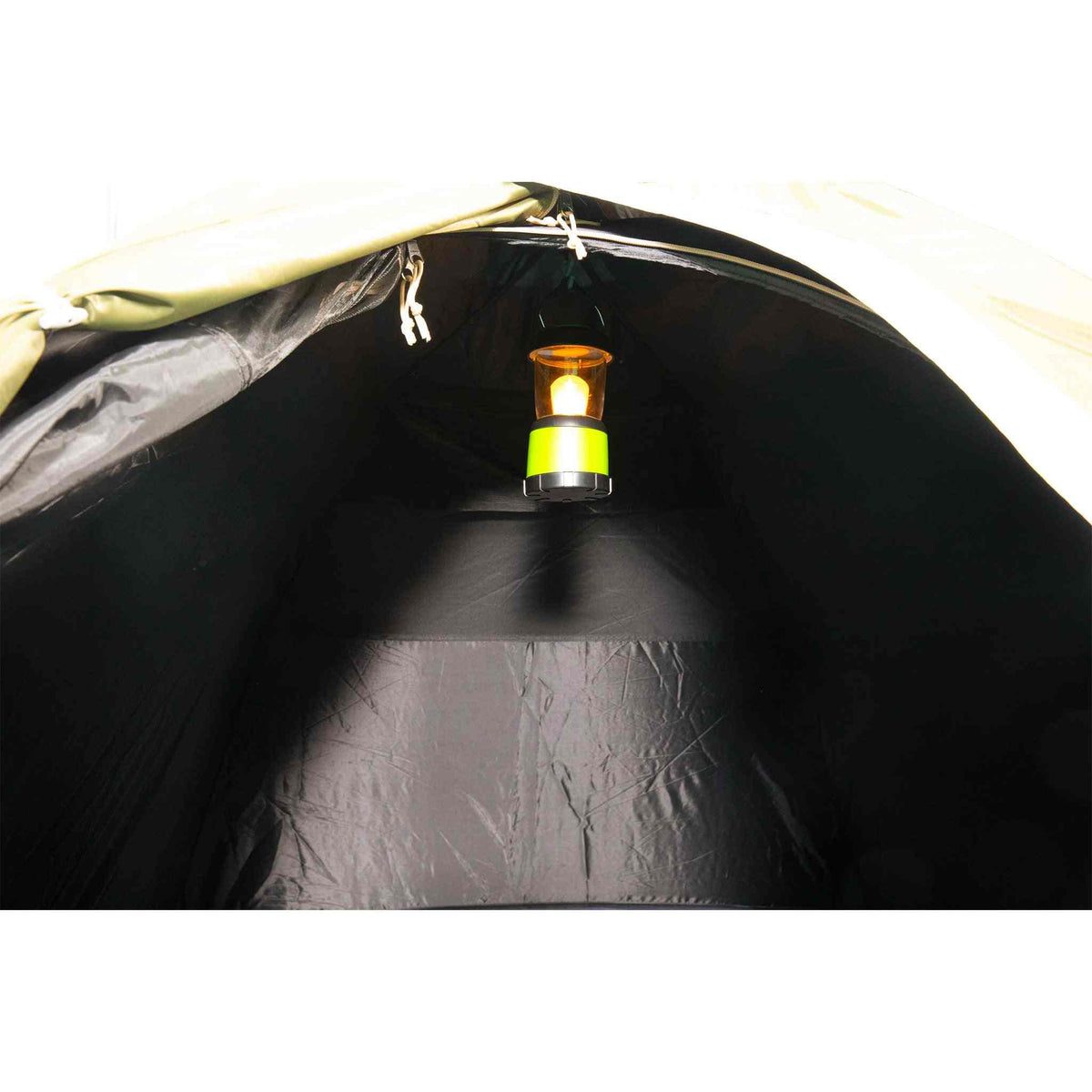 2-person blackout tent interior with hanging lantern.