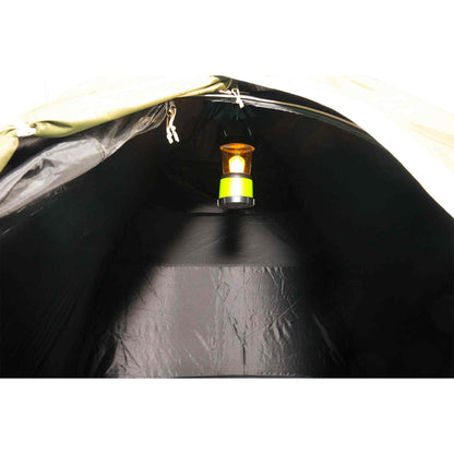 2-person blackout tent interior with hanging lantern.