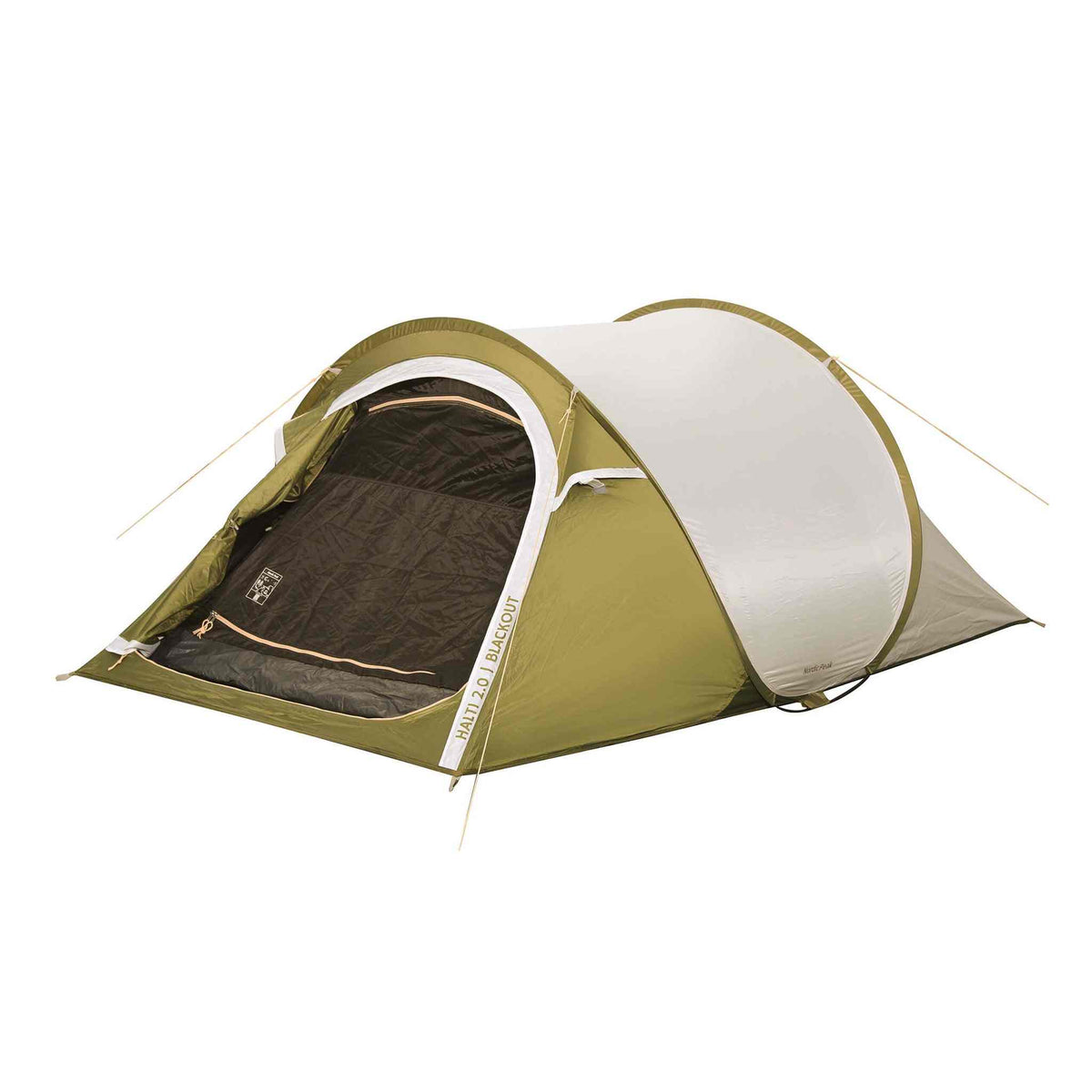 2-person blackout pop up tent, green and white design, easy setup.