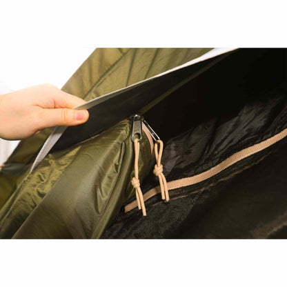 Blackout pop up telt for two people with zip closure detail, showcasing durable design.
