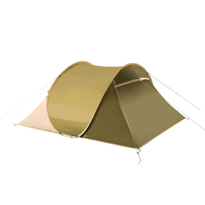 3-person pop up tent, 100% waterproof, easy setup, durable zippers, mosquito net, storage spaces, robust transport bag.