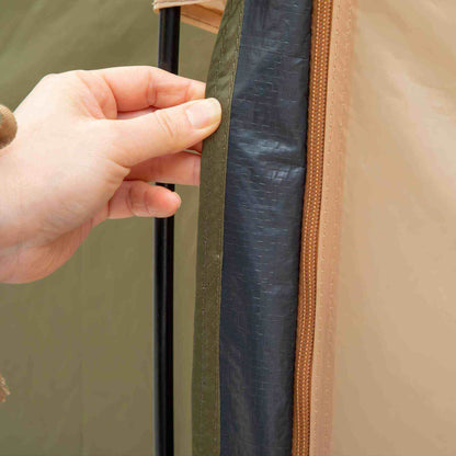 Close-up of durable zipper on 4-person group tent.