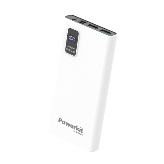 Compact 10,000 mAh powerbank with dual USB ports, LED display, and fast charging capability.