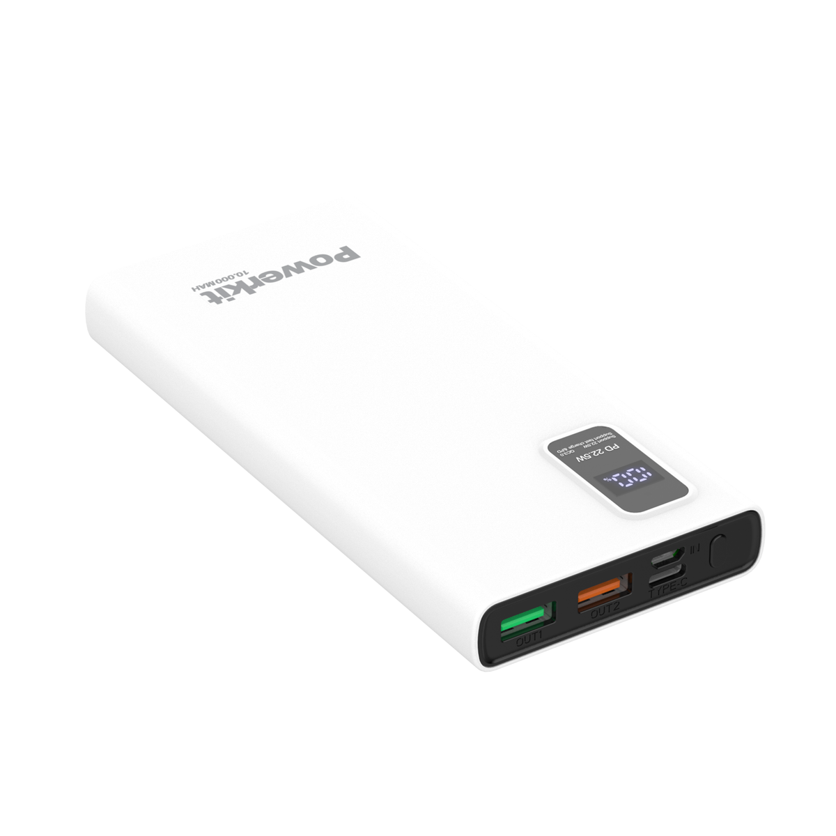 Powerbank - 10.000 mAh, compact design, dual USB ports, fast charging, LED display.