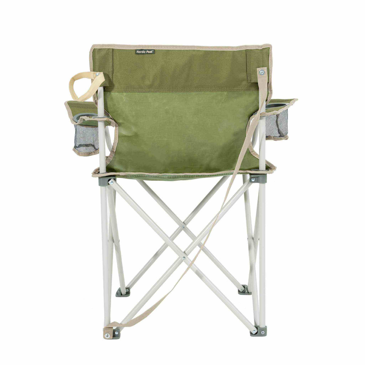 Festivalstol with two cup holders in durable green fabric, foldable with carrying strap.