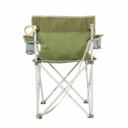 Festivalstol with two cup holders in durable green fabric, foldable with carrying strap.