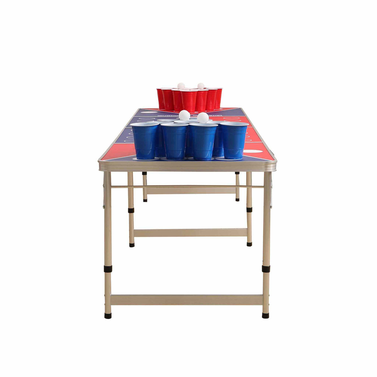 Beer Pong table with adjustable legs and flip cup setup, featuring official dimensions and waterproof print.
