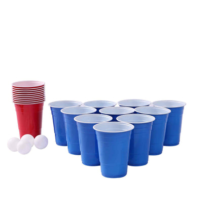 Beer pong sæt med 20 kopper og 4 bolde i rød og blå.