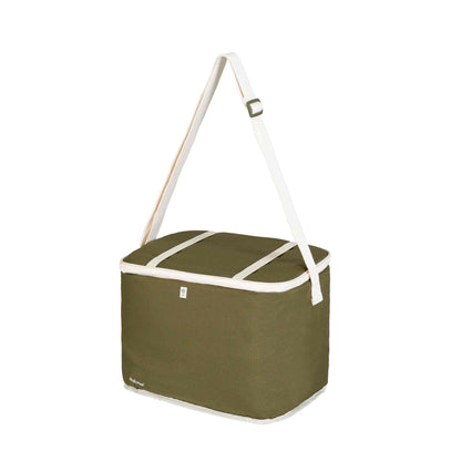 Green 20L cooler bag with shoulder strap for camping and picnics.