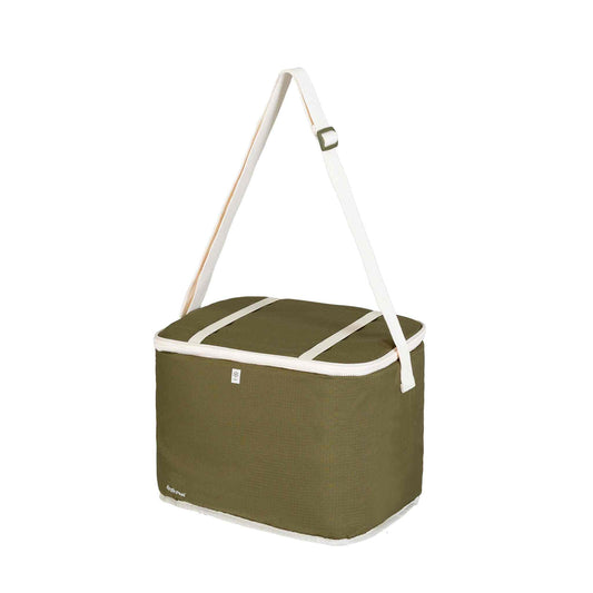 Green 20L cooler bag with shoulder strap for camping and picnics.