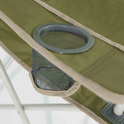 Extra robust festival chair with dual cup holders in durable green fabric, perfect for camping and festivals.