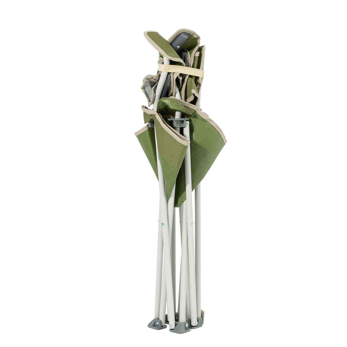 Extra robust festival chair with double cup holders, folded, green fabric, and reinforced metal frame.