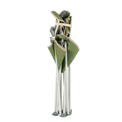 Extra robust festival chair with double cup holders, folded, green fabric, and reinforced metal frame.