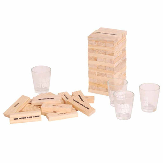 Drunken Tower game with wooden blocks and shot glasses.
