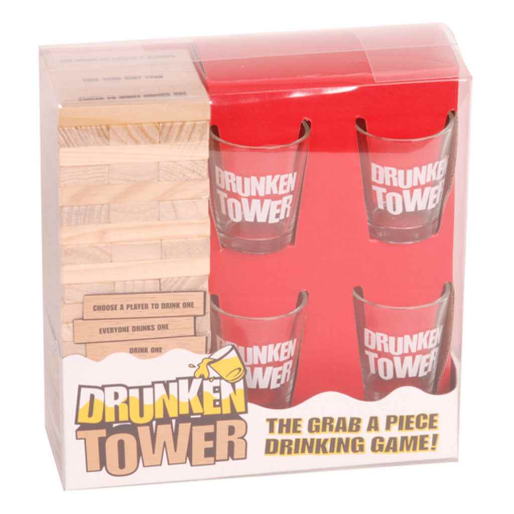 Drunken Tower drinking game set with glasses and wooden blocks.