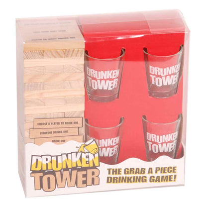 Drunken Tower drinking game set with glasses and wooden blocks.
