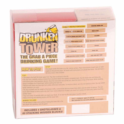 Drunken Tower drinking game with 60 wooden blocks and challenges, perfect for parties.