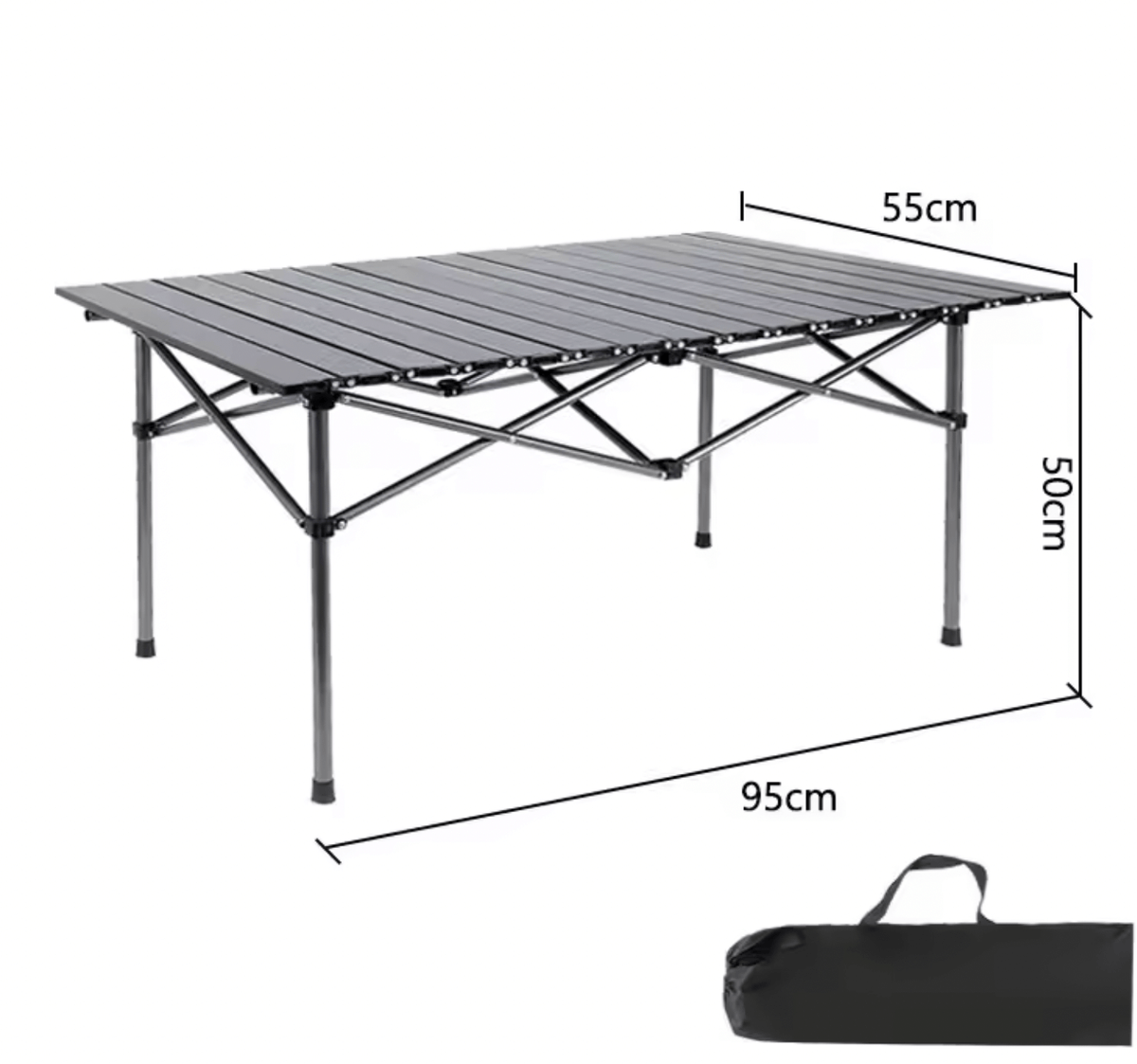 Ekstra kraftigt foldebord i letvægtsstål, 95cm x 55cm x 50cm, nem at folde ud og sammen, perfekt til festivaler.