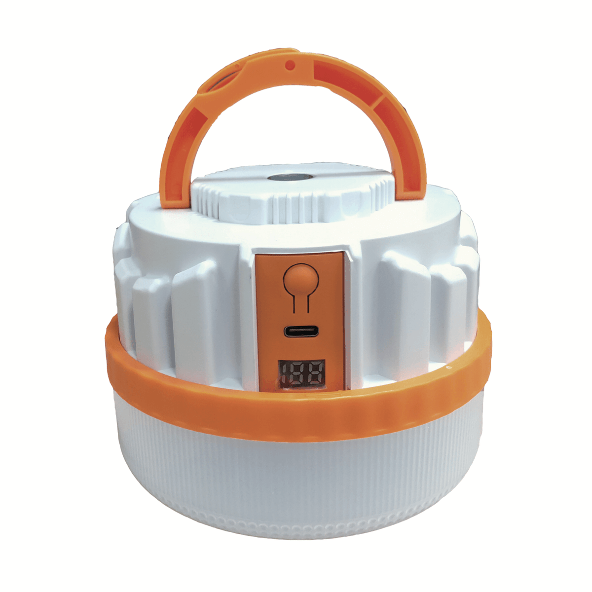 Genopladelig lampe med USB C, 500 lumen, camping brug, hvid og orange design.