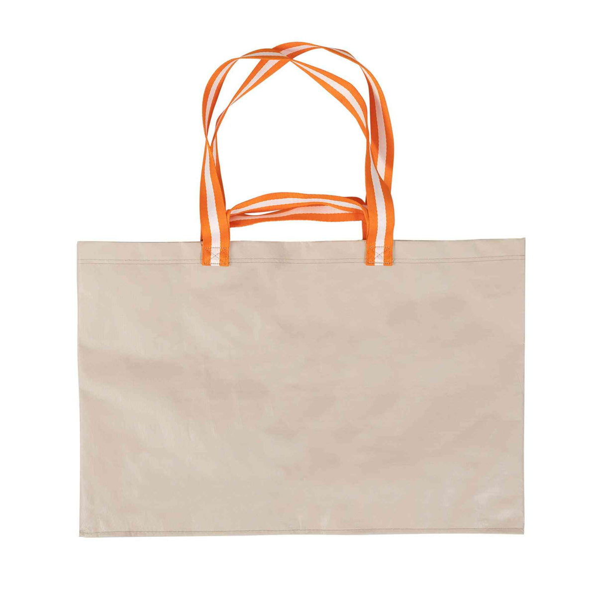 Opbevaringspose 70L i PE-materiale, beige med orange håndtag, robust og vandafvisende.
