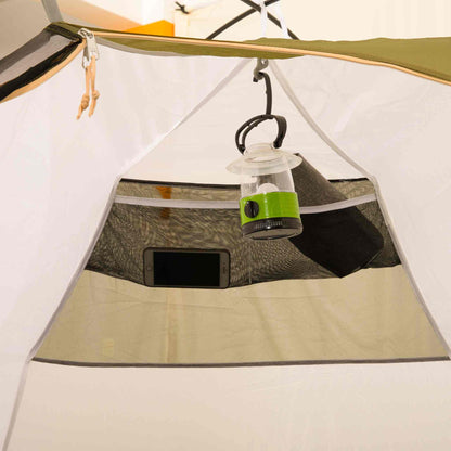 Interior view of a 2-person XL festival tent with a storage pocket and lantern hook.