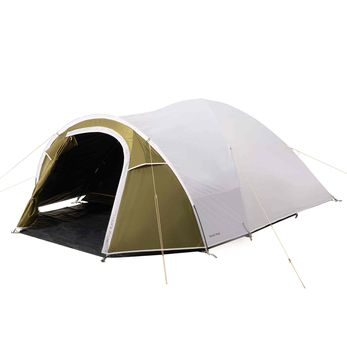 4-person XL blackout festival tent with large vestibule, green and white design.