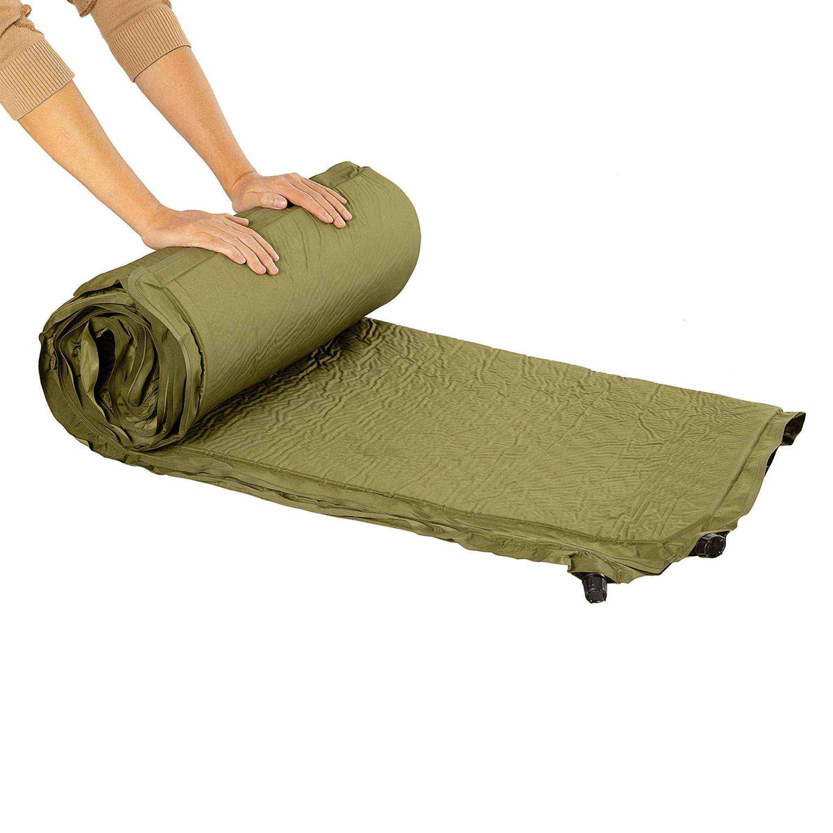 Self-inflating double sleeping pad, 9 cm thick, in green being unrolled.