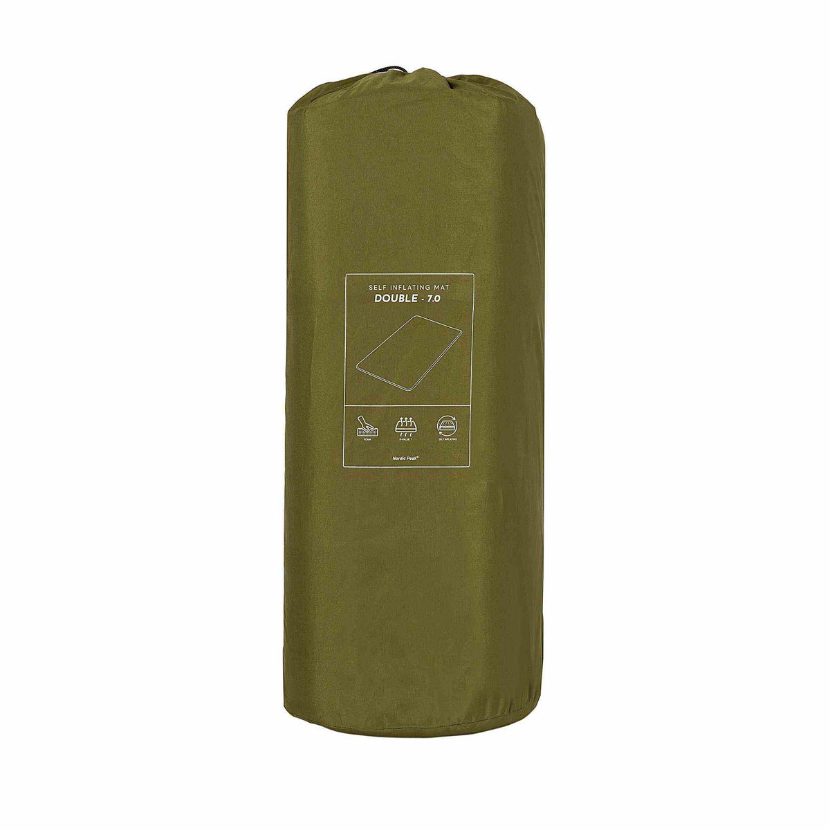 Self-inflating double sleeping pad, 9 cm thick, packed in a compact green bag.