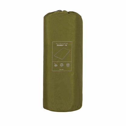 Self-inflating double sleeping pad, 9 cm thick, packed in a compact green bag.