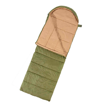 Premium sovepose i grønt, stærkt polyester ripstop, ideel til 5 grader, med kraftige lynlåse og opbevaringspose.