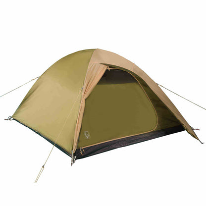 3-person festival tent, 100% waterproof, green, with reinforced zippers, ideal for multiple seasons.