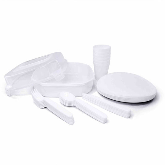 Reusable plastic picnic box set with 30 pieces including plates, cups, forks, knives, and spoons.