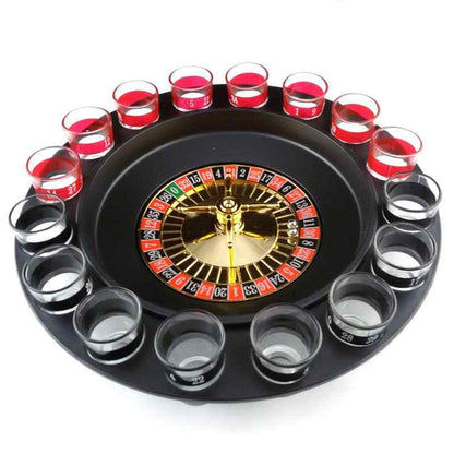 Shots Roulette game set with wheel, ball, and 16 shot glasses for parties.