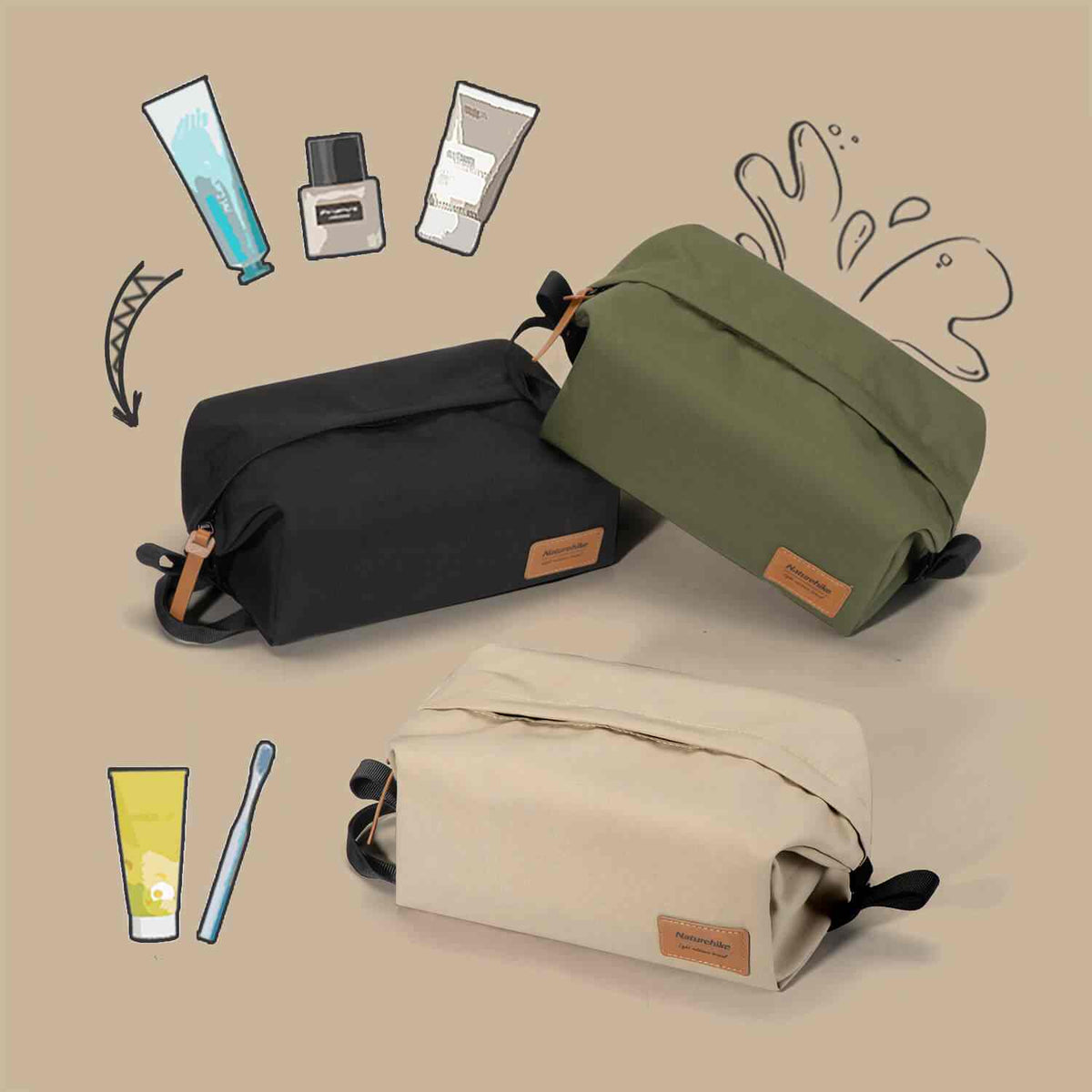 Water-resistant toilettaske with spacious compartments in black, green, and beige for organizing toiletries.