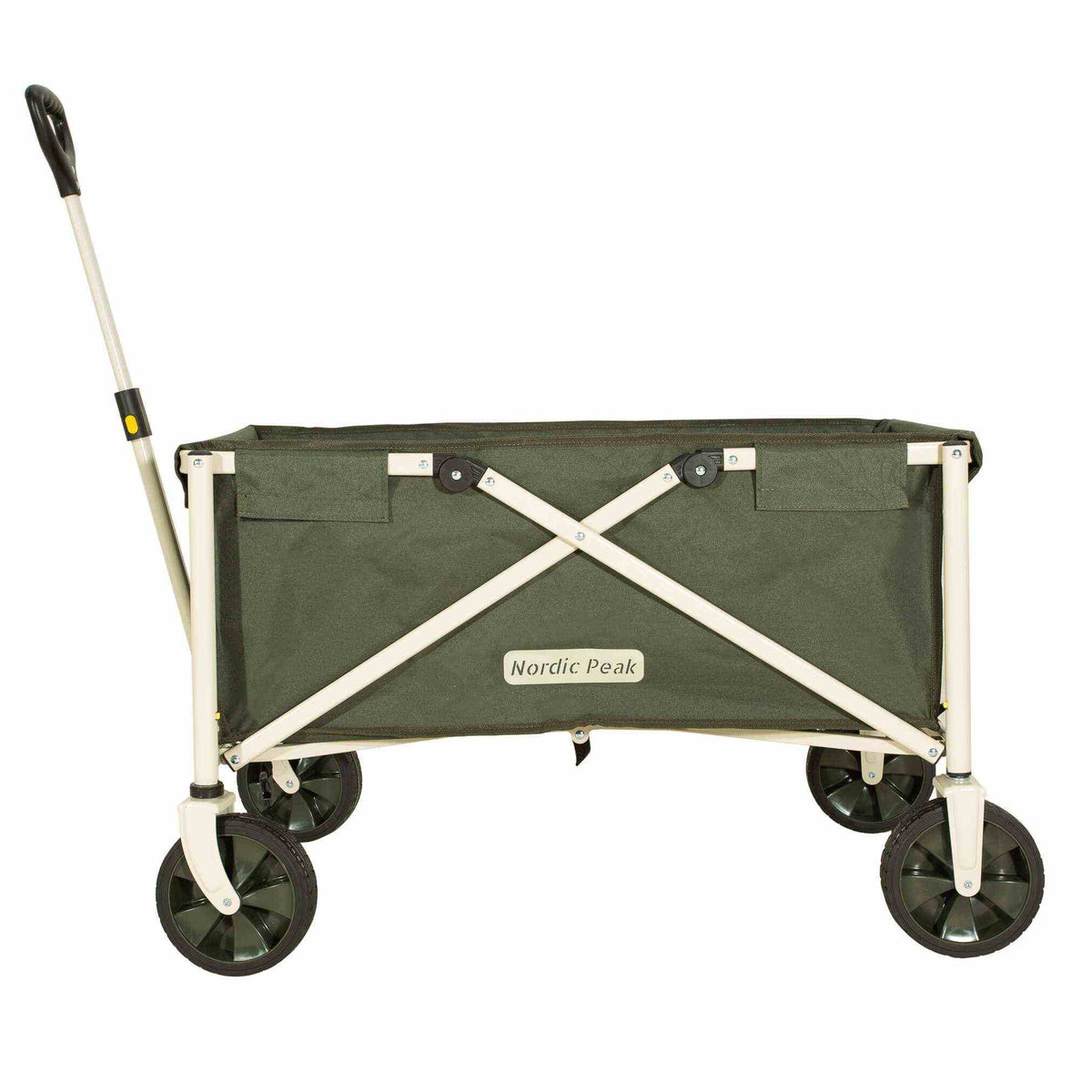 Foldbar trækvogn med fast bund, kan klare op til 80 kg, ideel til festivaler.