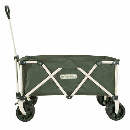 Foldbar premium trækvogn med grøn ramme, robust hjuldesign, og let transportkapacitet op til 120 kg, ideel til festivaler.