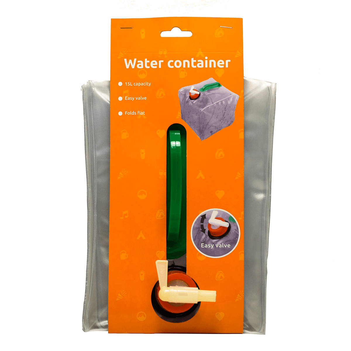 Foldable water container with easy valve, 5-15 liters capacity.